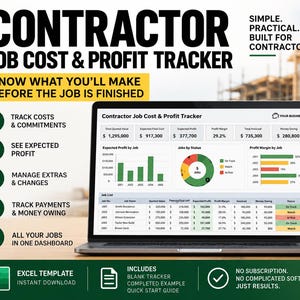 Könnte beinhalten: Ein Laptop mit einer Contractor Job Cost & Profit Tracker Tabellenkalkulation. Der Bildschirm zeigt Finanzdaten, Balkendiagramme und ein Kreisdiagramm. Der Text lautet: Contractor Job Cost & Profit Tracker, Know What You'll Make Before The Job Is Finished.