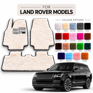 Könnte beinhalten: Ein Set aus cremefarbenen Kunstfell-Fußmatten für Land Rover-Modelle mit schwarzer Umrandung und einem rechteckigen Gittereinsatz. Das Bild zeigt ein schwarzes Land Rover-Fahrzeug sowie eine Farbkarte mit einundzwanzig verschiedenen Farboptionen.