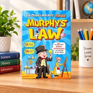 May include: A hardcover book titled The Scarily Accurate Caricature Murphy's Law with a bright blue cover featuring a cartoon man in a top hat holding a lightbulb, a woman painting at an easel, laboratory glassware, and text about life wisdom.