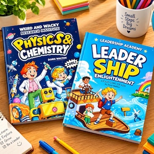 May include: Two hardcover books titled Weird and Wacky Research Institute Physics & Chemistry and Leadership Academy Leadership Enlightenment. The covers feature colorful cartoon illustrations of children, a robot, and a ship on a wooden desk.