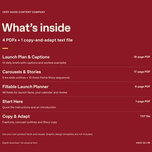 May include: A digital document overview on a dark red background with white text. It lists contents: 4 PDFs and 1 text file, including a 18-page Launch Plan & Captions, 17-page Carousels & Stories, 8-page Fillable Launch Planner, 1-page Start Here, and a TXT file.