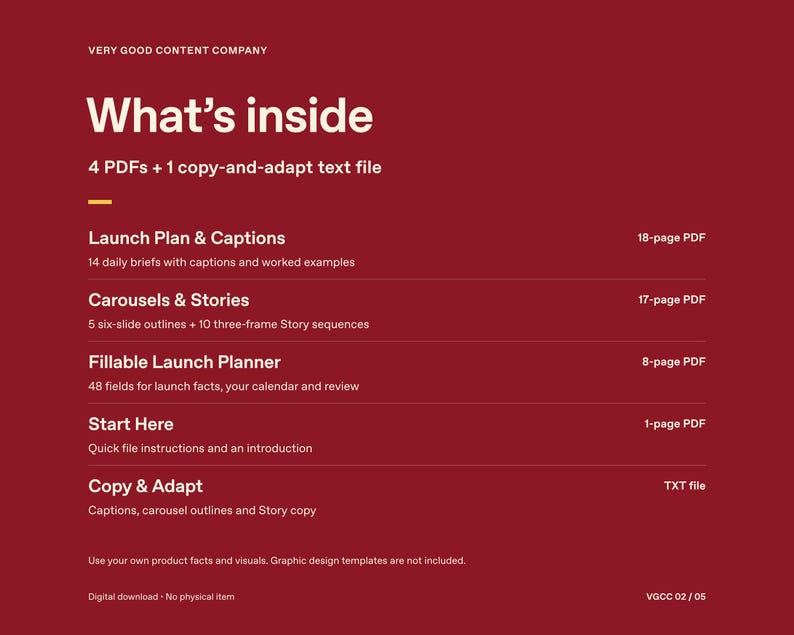 May include: A digital document overview on a dark red background with white text. It lists contents: 4 PDFs and 1 text file, including a 18-page Launch Plan & Captions, 17-page Carousels & Stories, 8-page Fillable Launch Planner, 1-page Start Here, and a TXT file.