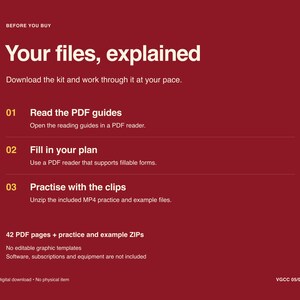 May include: A dark red digital download information sheet titled Your files, explained. It lists three steps: 01 Read the PDF guides, 02 Fill in your plan, and 03 Practise with the clips. It notes 42 PDF pages plus practice and example ZIPs.