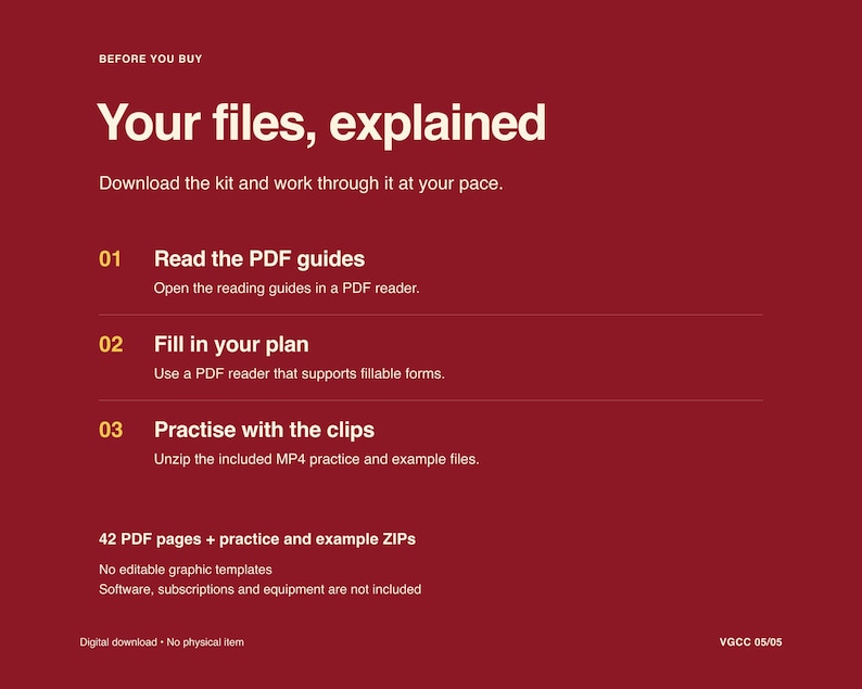May include: A dark red digital download information sheet titled Your files, explained. It lists three steps: 01 Read the PDF guides, 02 Fill in your plan, and 03 Practise with the clips. It notes 42 PDF pages plus practice and example ZIPs.