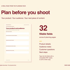 Pode incluir: Uma p&aacute;gina de pacote de planejamento digital com o t&iacute;tulo Plan before you shoot e Your product and audience. Inclui 32 campos preench&iacute;veis em 6 p&aacute;ginas de planejamento para detalhes do produto, notas de p&uacute;blico e perguntas.