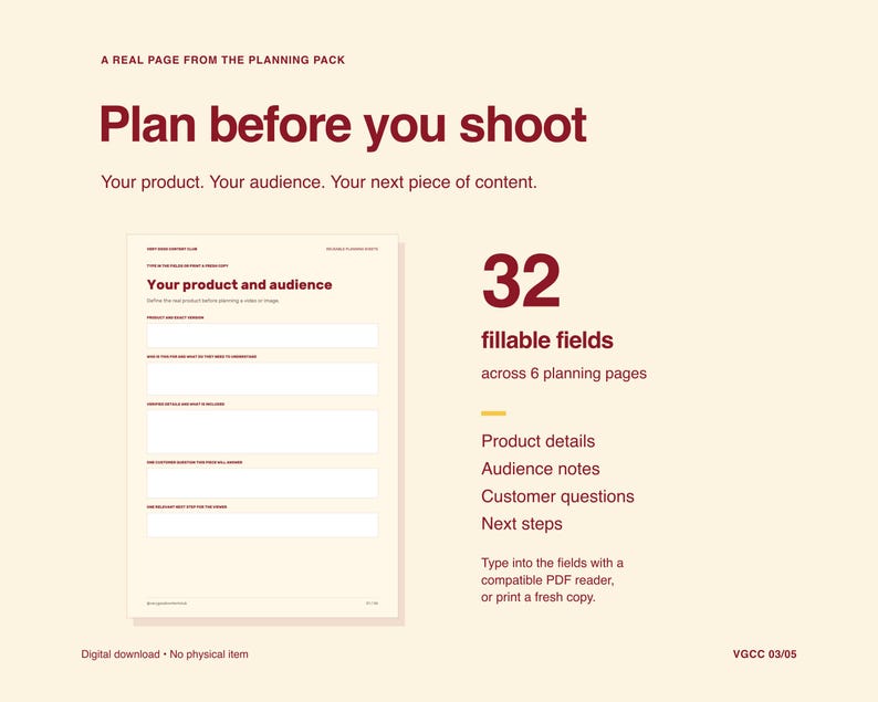 Pode incluir: Uma p&aacute;gina de pacote de planejamento digital com o t&iacute;tulo Plan before you shoot e Your product and audience. Inclui 32 campos preench&iacute;veis em 6 p&aacute;ginas de planejamento para detalhes do produto, notas de p&uacute;blico e perguntas.