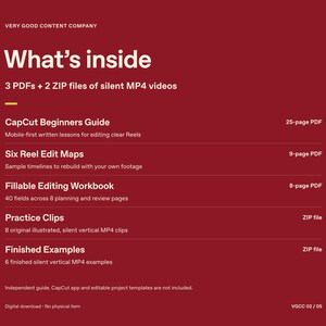 May include: A dark red digital product information sheet titled What's inside, listing 3 PDFs and 2 ZIP files of silent MP4 videos. It details a CapCut Beginners Guide, Six Reel Edit Maps, a Fillable Editing Workbook, Practice Clips, and Finished Examples.