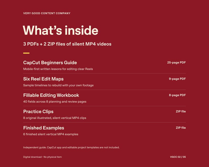 May include: A dark red digital product information sheet titled What's inside, listing 3 PDFs and 2 ZIP files of silent MP4 videos. It details a CapCut Beginners Guide, Six Reel Edit Maps, a Fillable Editing Workbook, Practice Clips, and Finished Examples.