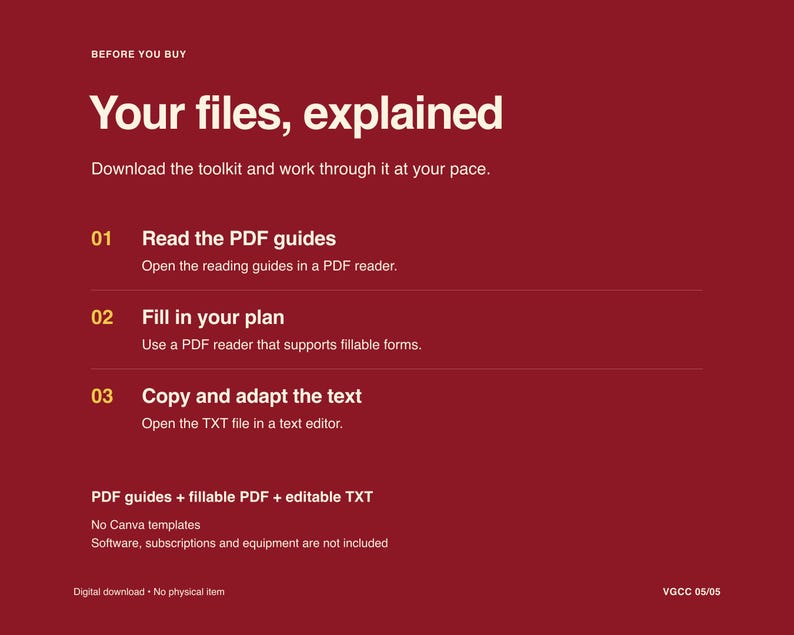 Pode incluir: Um gr&aacute;fico informativo vermelho escuro intitulado Your files, explained. Lista tr&ecirc;s passos: 01 Read the PDF guides, 02 Fill in your plan e 03 Copy and adapt the text. Indica que guias em PDF, um PDF preench&iacute;vel e um TXT edit&aacute;vel est&atilde;o inclu&iacute;dos.
