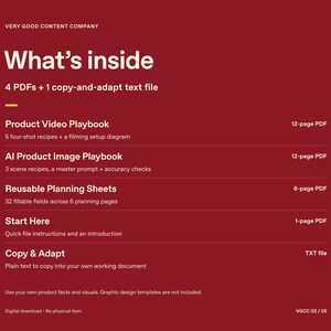 Pode incluir: Um documento digital vermelho escuro listando o conte&uacute;do: 4 PDFs e 1 arquivo de texto. Inclui Product Video Playbook, AI Product Image Playbook, Reusable Planning Sheets, Start Here e arquivos Copy & Adapt com contagem de p&aacute;ginas.