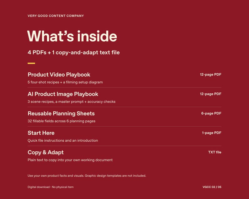 Pode incluir: Um documento digital vermelho escuro listando o conte&uacute;do: 4 PDFs e 1 arquivo de texto. Inclui Product Video Playbook, AI Product Image Playbook, Reusable Planning Sheets, Start Here e arquivos Copy & Adapt com contagem de p&aacute;ginas.