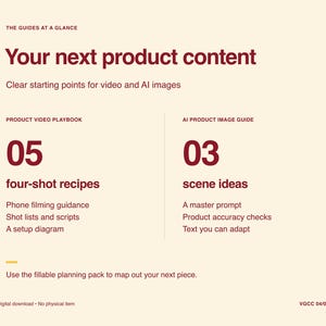 Pode incluir: Um documento digital intitulado The Guides at a Glance: Your next product content. Inclui um Product Video Playbook com 05 receitas de quatro planos, guia de filmagem, listas de planos, gui&otilde;es e um diagrama, al&eacute;m de um AI Product Image Guide com 03 ideias de cenas, um prompt mestre, verifica&ccedil;&otilde;es de precis&atilde;o e texto adapt&aacute;vel.