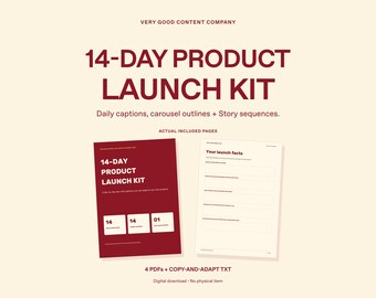 Kit de lançamento de produto de 14 dias: legendas para Instagram, esboços para carrossel e planejador preenchível.