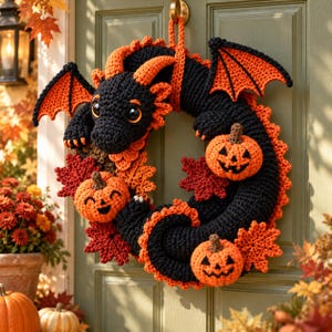 May include: A circular crochet wreath featuring a black dragon with orange horns, wings, and accents. The dragon is adorned with three small orange crocheted pumpkins with jack-o'-lantern faces and several red and orange crocheted autumn leaves.