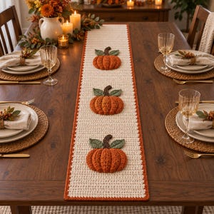 Puede incluir: Un camino de mesa rectangular de ganchillo con base color crema y borde naranja quemado. Tres calabazas naranjas texturizadas en relieve, con tallos marrón oscuro y hojas verde salvia, están centradas a lo largo del camino.