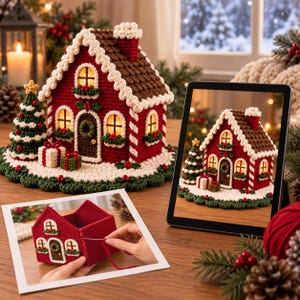 May include: A crocheted gingerbread house with a brown roof, red walls, and white trim, accompanied by a small Christmas tree and gifts. A tablet displays the same house, and a photograph shows the house being assembled with needle and thread.