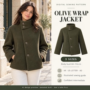Peut inclure: Patron de couture numérique pour une veste portefeuille olive. La veste présente un col montant avec deux boutons, des manches longues et une fermeture boutonnée sur le devant. Le texte indique 'DIGITAL SEWING PATTERN', 'OLIVE WRAP JACKET', '5 SIZES' et 'Body bust 84-116 cm'.