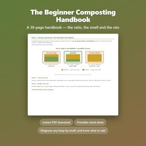 Peut inclure: Le Beginner Composting Handbook est un guide de 30 pages présentant une page intitulée Part 2—Browns and Greens: The Only Ratio That Matters. Il inclut des diagrammes montrant les ratios équilibrés pour le compostage et des explications.