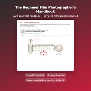 Könnte beinhalten: Das Handbuch für analoge Fotografie-Anfänger, ein 29-seitiger Feldführer. Die Seite zeigt Teil 4: Film einlegen ohne ihn zu ruinieren, mit schriftlichen Anleitungen und einem Diagramm, das Filmpatrone, Aufwickelspule und Transport zeigt.
