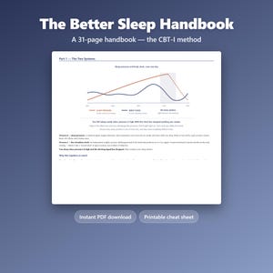 Op de afbeelding: Het Better Sleep Handbook is een digitale gids van 31 pagina's over de CBT-I-methode. Het bevat een pagina getiteld Part 1 - The Two Systems, met een lijngrafiek van slaapdruk en biologische klokritmes, plus tekst over slaapcycli.