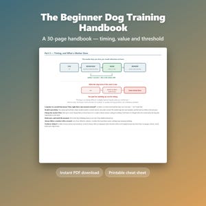May include: The Beginner Dog Training Handbook is a 30-page digital guide featuring a page titled Part 3 — Timing, and What a Marker Does. It includes flowcharts explaining cue, behaviour, mark, and reward sequences, plus text on marker training.