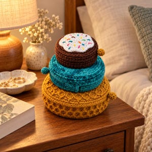 May include: A three-tiered crochet stack featuring a dark brown top layer with white frosting and colorful sprinkles, a middle layer in teal, and a bottom layer in mustard yellow with a textured waffle-like pattern, all stacked vertically.