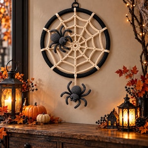 May include: A circular wall hanging featuring a black hoop wrapped in yarn with a cream-colored crocheted spiderweb pattern. Two dark gray crocheted spiders are attached, one resting on the web and one hanging from a single thread below.
