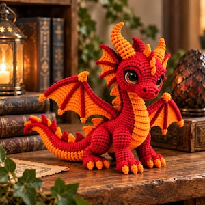May include: A crocheted dragon toy featuring a vibrant red body with bright orange accents on its wings, horns, tail spikes, and underbelly. The creature has large, dark, expressive eyes and a textured, yarn-based construction throughout its form.