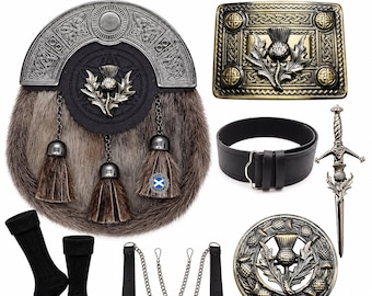 6 Piece Thistle Sporran Set | Scottish Thistle Kilt Sporran | Thistle Belt Buckle Kilt Pin Brooch | Men Highland Formal Set