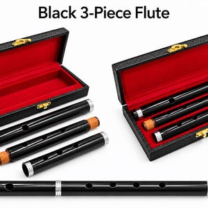 May include: A black 3-piece flute with silver-colored rings and cork joints, shown disassembled and assembled. The flute is presented in a black rectangular case with a red velvet interior and a gold-colored latch. Text reads: Black 3-Piece Flute.