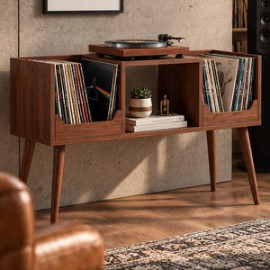 May include: A walnut-toned wooden media console featuring four tapered legs, two side compartments for vinyl record storage, and a central open shelf holding a small potted succulent, a gold-toned figurine, and two stacked books.