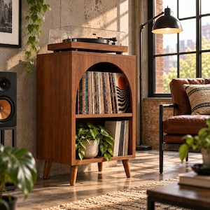 May include: A wooden record player stand featuring an arched top shelf filled with vinyl records and a lower shelf containing a potted green plant and additional records. The stand has four tapered legs and a dark brown wood grain finish.