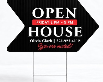 May include: A black arrow-shaped yard sign with white text reading OPEN HOUSE, a red bar with FRIDAY 2 PM - 5 PM, and the text Olivia Clark | 321.923.4112 with the red script text You are invited! The sign is mounted on a metal wire H-frame stake.