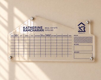 May include: A clear acrylic house-shaped wall board featuring dark blue text and grid lines. The board displays "KATHERINE RAMCHARAN REAL ESTATE PIPELINE" and includes sections for status, name, address, price, disclosures, and goals.