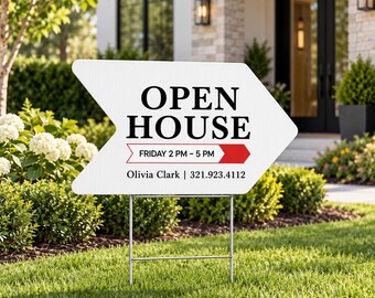 May include: A white arrow-shaped yard sign with black text reading OPEN HOUSE, a red banner with FRIDAY 2 PM – 5 PM, and the name Olivia Clark with the phone number 321.923.4112. The sign is supported by a thin metal wire frame stand.