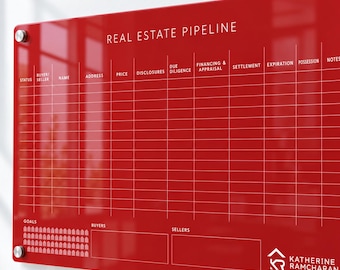 May include: A glossy red glass dry-erase board titled Real Estate Pipeline with white grid lines and headers including Status, Buyer/Seller, Name, Address, Price, Disclosures, Due Diligence, Financing & Appraisal, Settlement, Expiration, Possession, and Notes.