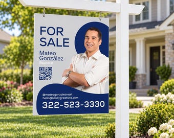 May include: A white real estate sign hanging from a white post. The sign features the text FOR SALE, the name Mateo González, a QR code, social media handle @mateogonzalezrealt, email hello@reallygreatsite.com, and phone number 322-523-3330.