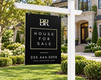 May include: A black rectangular real estate sign hanging from a white wooden post. The sign features a gold logo with the letters BR, the white text HOUSE FOR SALE inside a gold border, the phone number 233.444.0098, and www.brestate.com.