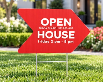 May include: A red arrow-shaped yard sign with white text that reads OPEN HOUSE, OLIVIA CLARK | 321.923.4112, and friday 2 pm - 5 pm. The sign is mounted on a thin metal H-frame stake and is positioned upright in a green grass lawn.