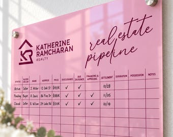 May include: A rectangular pink acrylic real estate pipeline board with silver mounting hardware. The board features the text Katherine Ramcharan Realty and real estate pipeline, with a grid for tracking status, names, addresses, and dates.
