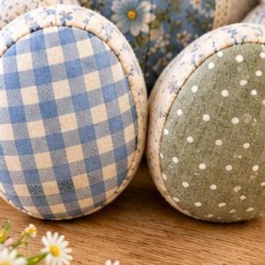 May include: A stuffed fabric animal featuring two round feet with distinct patterns. One foot displays a blue and white gingham check, while the other features a sage green fabric with white polka dots. The text 5. Foot Detail is visible.