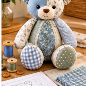 May include: A patchwork teddy bear constructed from various blue, white, and green fabrics featuring floral, gingham, and polka dot patterns. The bear has a brown nose, black eyes, and a stitched mouth. A paper pattern labelled 8. Finished Look is visible.