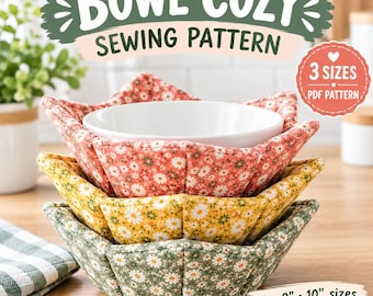 Bowl Cozy Sewing Pattern PDF, Bowl Cozy Pattern, Microwave Bowl Holder, Fabric Bowl Cozy Tutorial, 3 Sizes, Instant Download