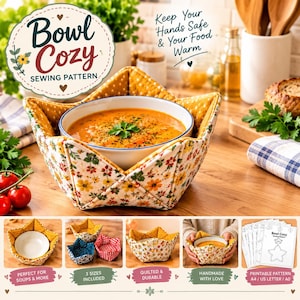 Bowl Cozy Sewing Pattern PDF, Quilted Bowl Holder, Soup Bowl Cozy, 3 Sizes, A4 US Letter A0, Digital Download
