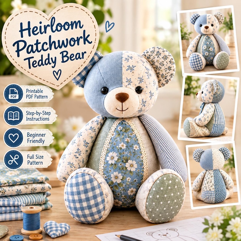 Memory Bear Sewing Pattern PDF, Patchwork Teddy Bear Pattern, Heirloom Keepsake Bear
