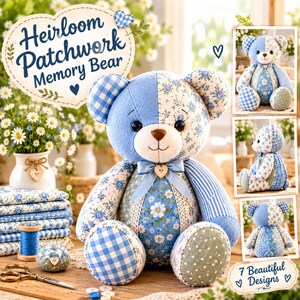 Nähvorlage für einen Erinnerungsbären (PDF), Patchwork-Teddybär-Schnittmuster, Erinnerungsbär, druckbare DIY-Nähvorlage, Schritt-für-Schritt-Anleitung, Nähen