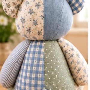 May include: A stuffed bear toy shown from the back, featuring a patchwork design of various fabrics including blue and white gingham, floral patterns, blue denim, and green fabric with white dots. The text 3. Back View is visible at the bottom.