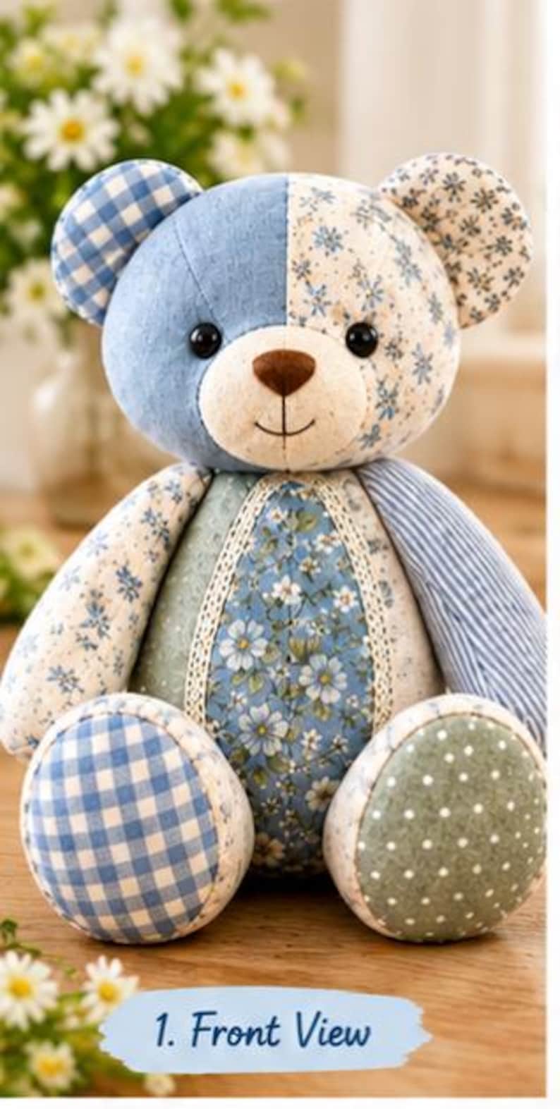 May include: A patchwork teddy bear featuring a mix of blue and white fabrics with floral, gingham, and striped patterns. The bear has a cream-coloured muzzle, a brown nose, black button eyes, and a stitched mouth. It includes lace trim details.