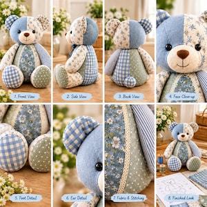 May include: A patchwork teddy bear crafted from various blue, white, and green fabrics featuring floral, gingham, polka dot, and striped patterns. The bear has a brown nose, black eyes, and decorative lace trim. The image displays multiple views.
