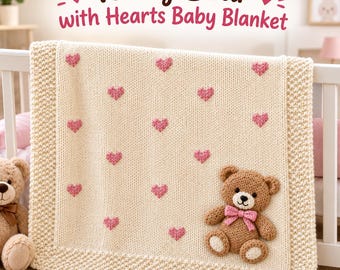 Teddy Bear Baby Blanket Knitting Pattern, Heart Appliqué, Nursery Gift (PDF)